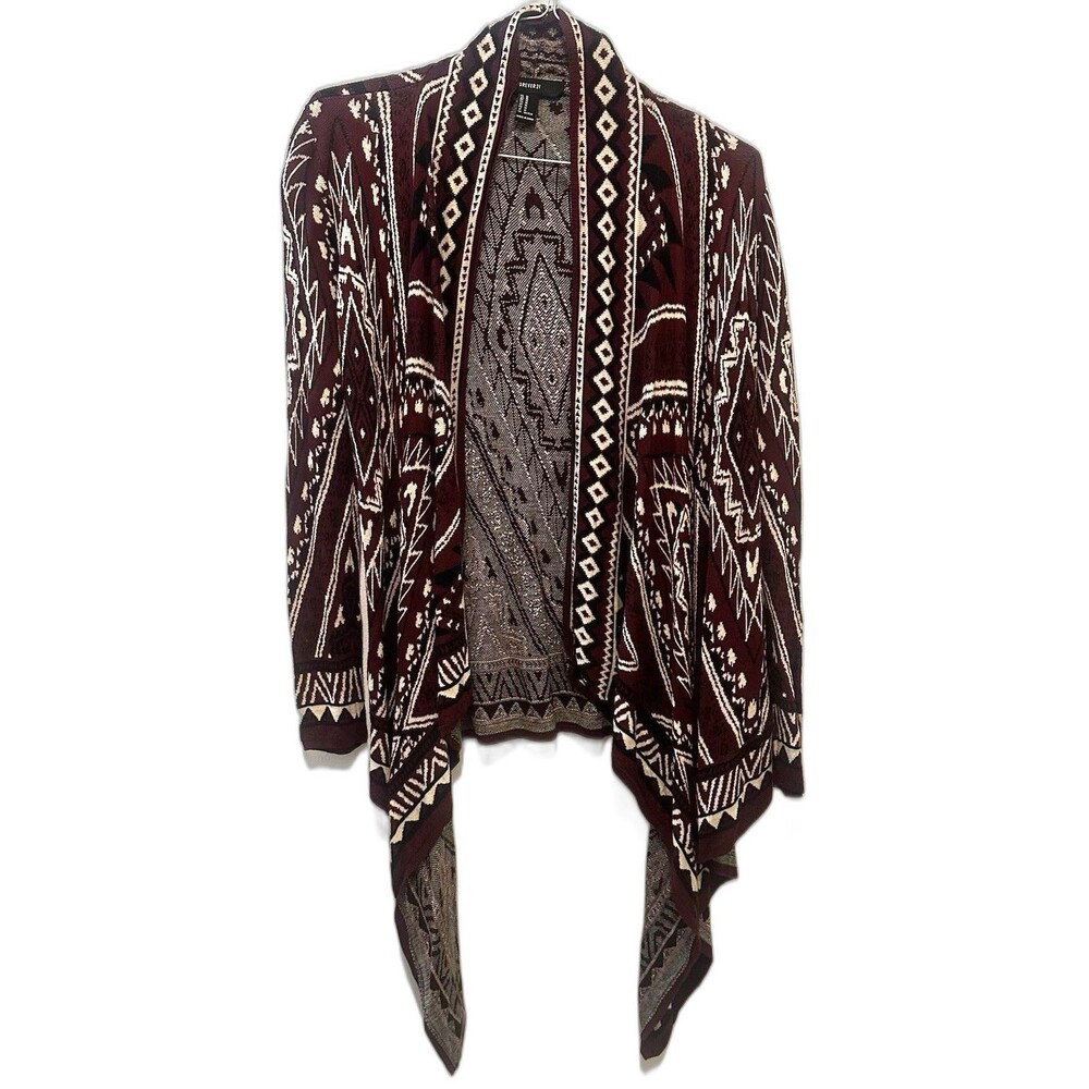 Red Forever 21 Cardigan Womens Sz med Red Multi Geo Print Knit Long Slv Poly